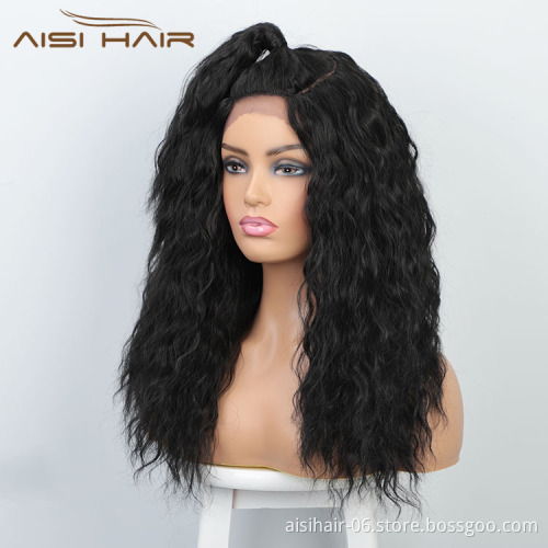 Aisi Hair New Design Long Wavy Natural Black Wig With Ponytail Swiss Lace Wig Body Wave Synthetic Hair Wigs For Women